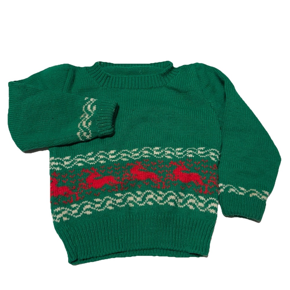 Vintage Green Red Reindeer Knit Sweater‎ Kid Pullover Long Sleeve 4-6?